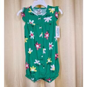 Carters green with flower print snap button one piece romper size 24 month